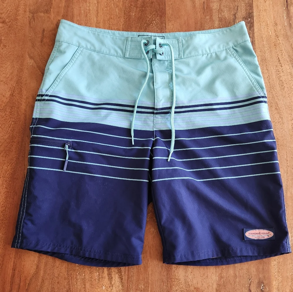 Vineyard Vines Marthas Vineyard Men’s Mint and Navy Stripe Swim Board Shorts 30